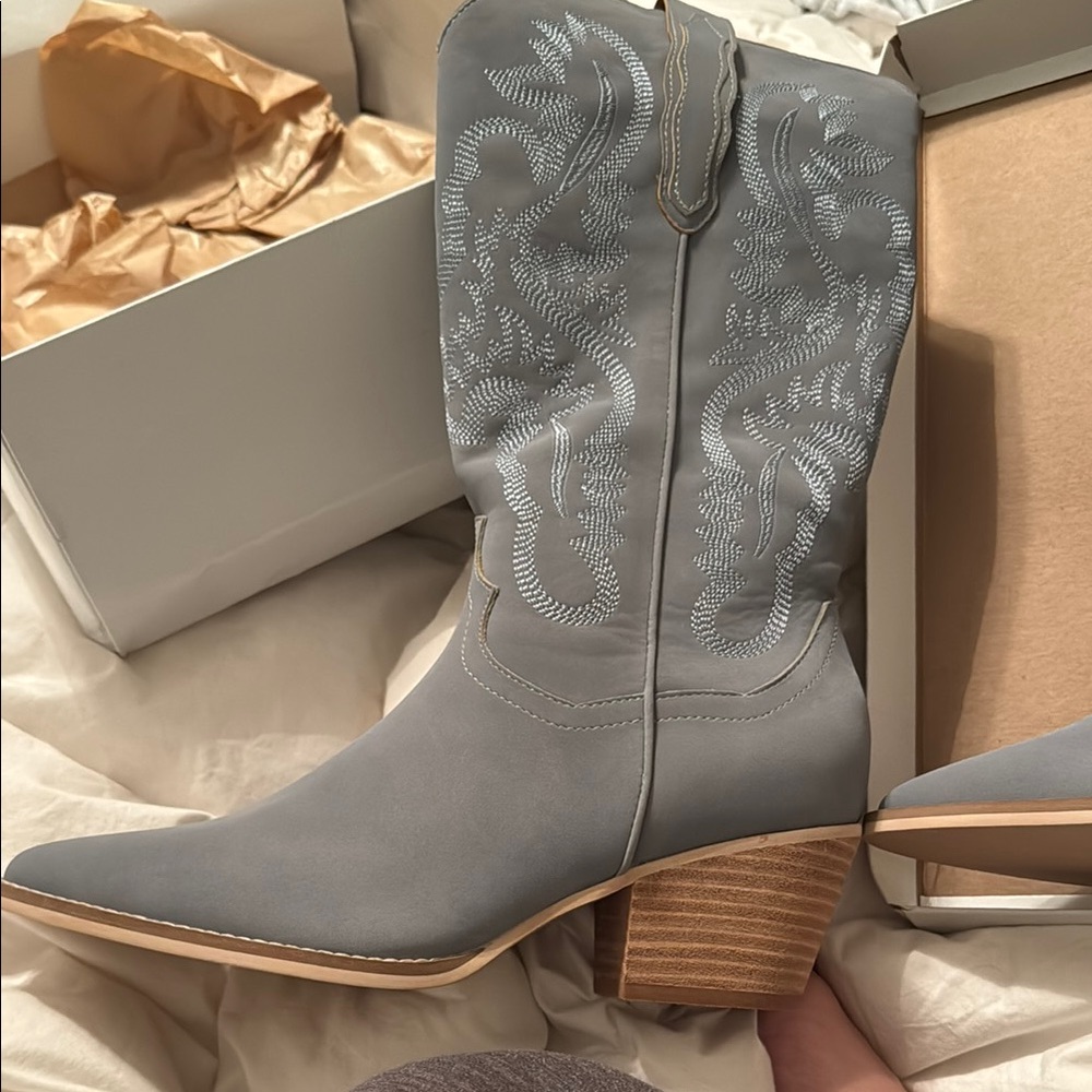 Elegant slate blue gray  Embroidered Heeled Boots- vici